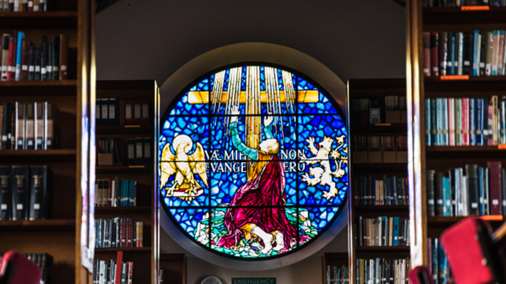 Photo of stained glass window in the library of the London School of Theology