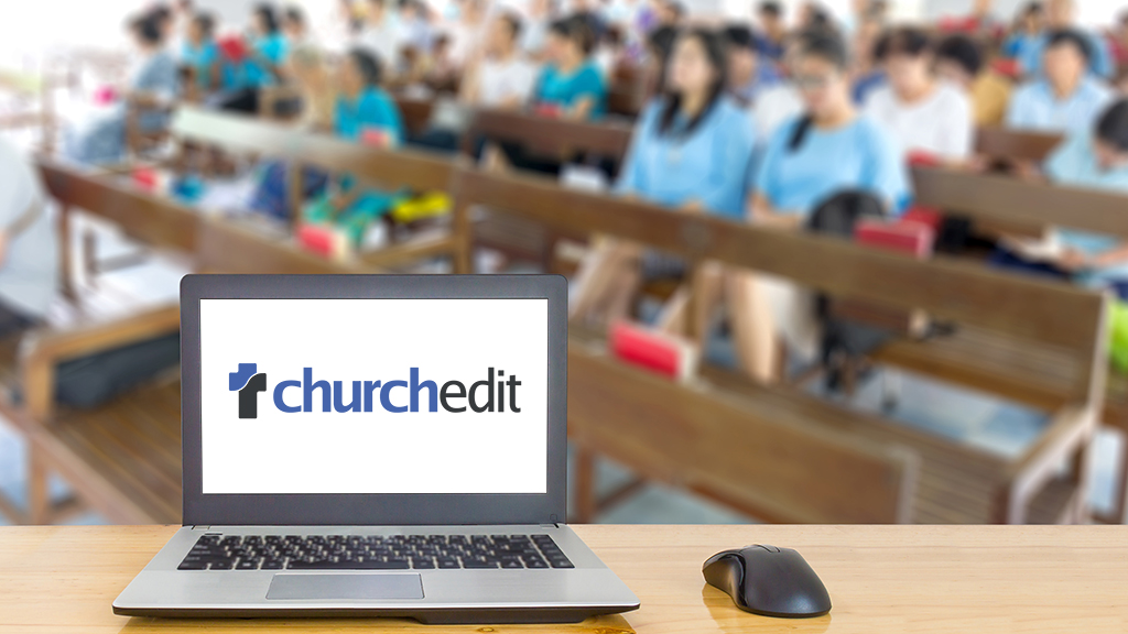 Photo of laptop and church congregation